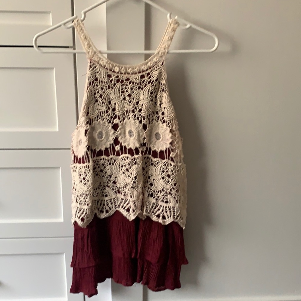 Entro Cream Crochet Overlay Top with Burgundy Layer